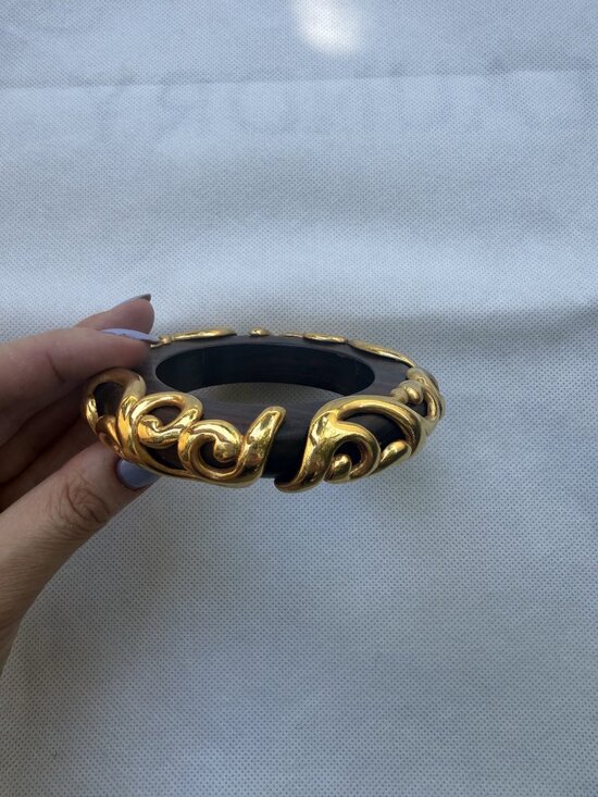 Isabel Canovas Vintage Iconic Huge Gold Gilt Leaf Wood Bangle Bracelet